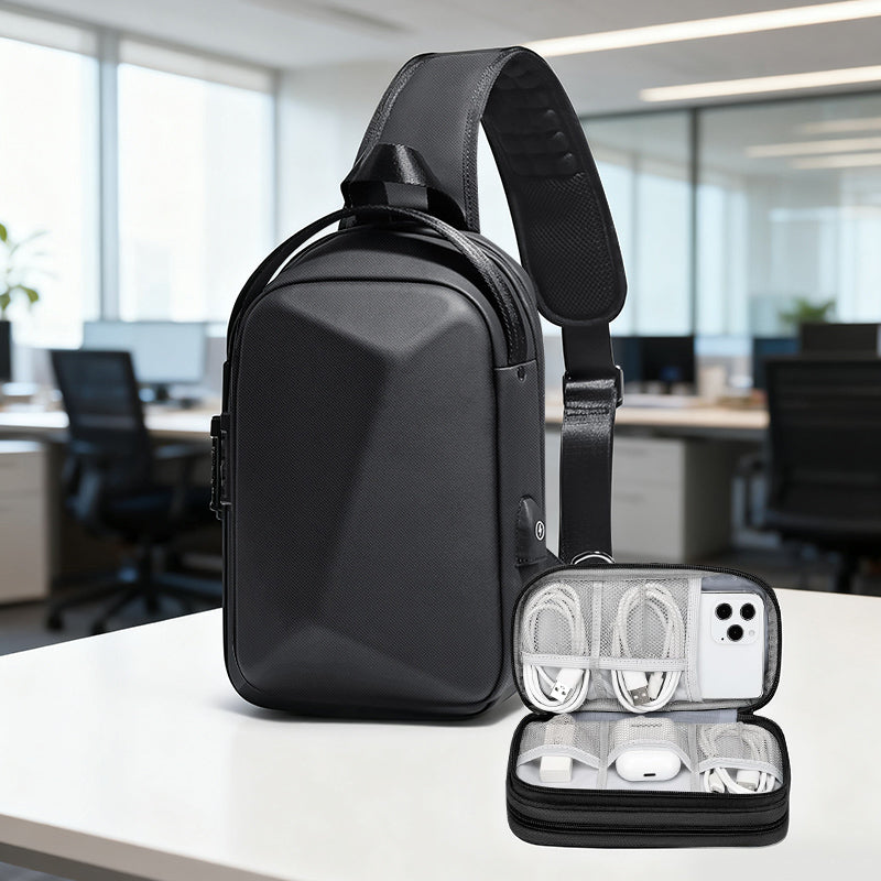 BOGO! 2-piece set Men's Hard Shell Anti-Theft Sling Bag  Combination Lock  Trendy Streetwear Versatile Design