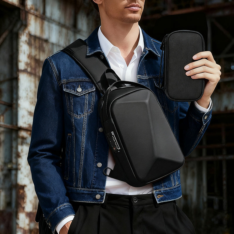 BOGO! 2-piece set Men's Hard Shell Anti-Theft Sling Bag  Combination Lock  Trendy Streetwear Versatile Design