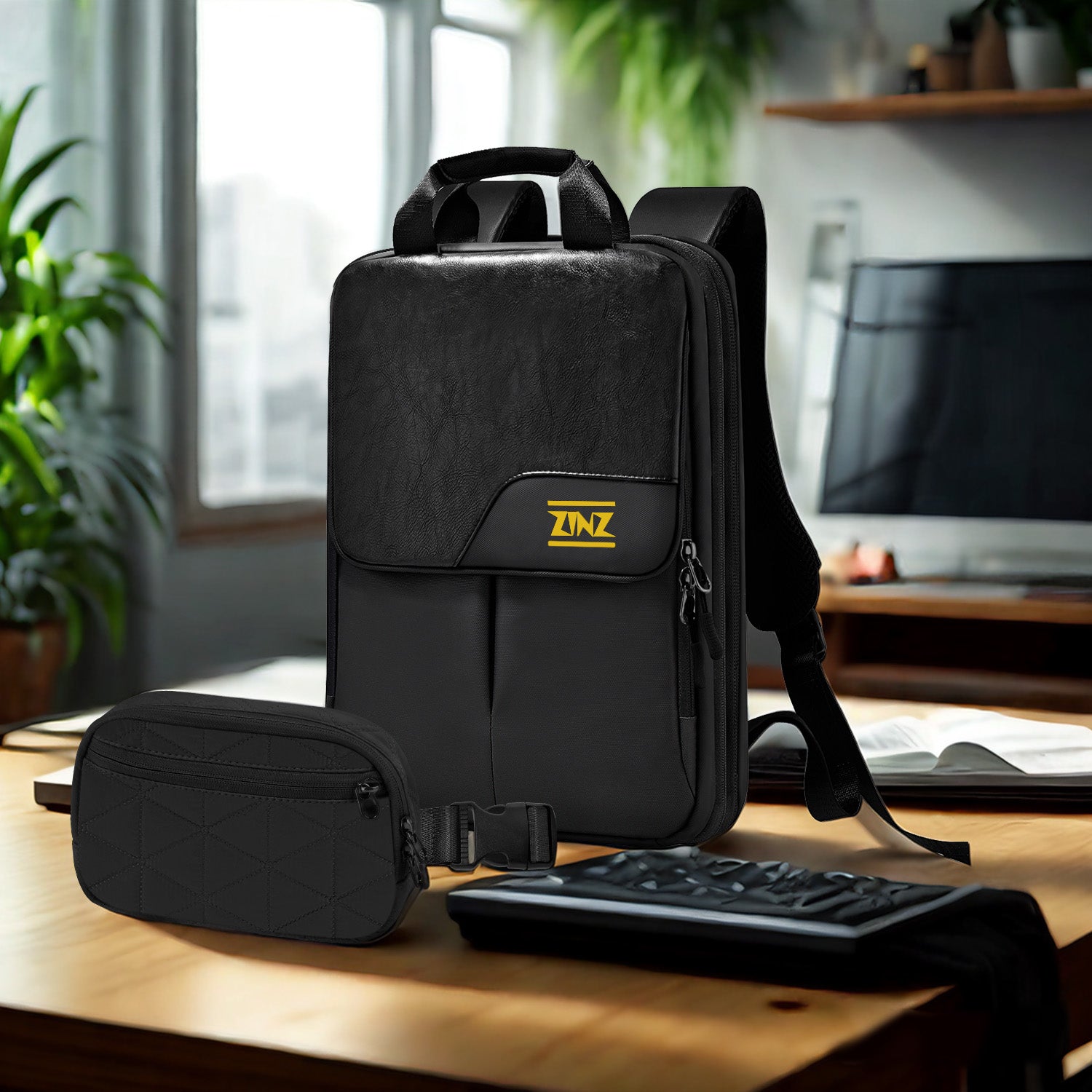 ZINZ Buy 1 Get 1 Free Slim & Expandable Laptop Backpack 15.6 16 17 inch Travel Business Backpack With Shoulder Bag Rainproof Day pack for Men and Women,Black