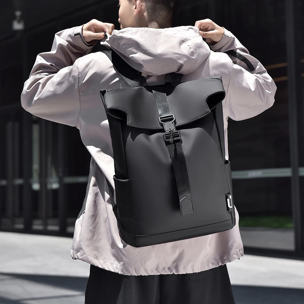 Fashionable Men's Waterproof Roll - top Laptop Backpack with Buckle Strap for Office & Travel