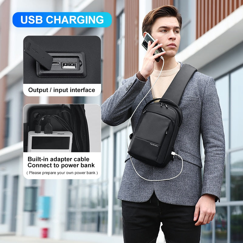 Sling Crossbody Bag For Men Waterproof Casual Chest Bag USB Charging Fit For 9.7 Inch iPad
