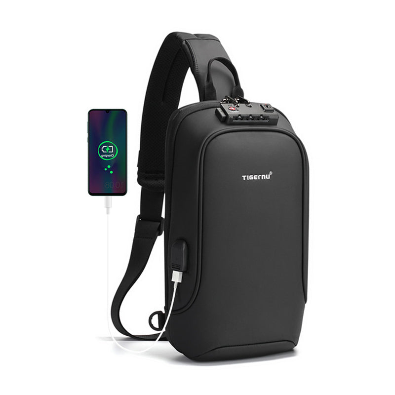 Sling Crossbody Bag Splashproof Anti-theft USB Charging Casual Bag for Men Black