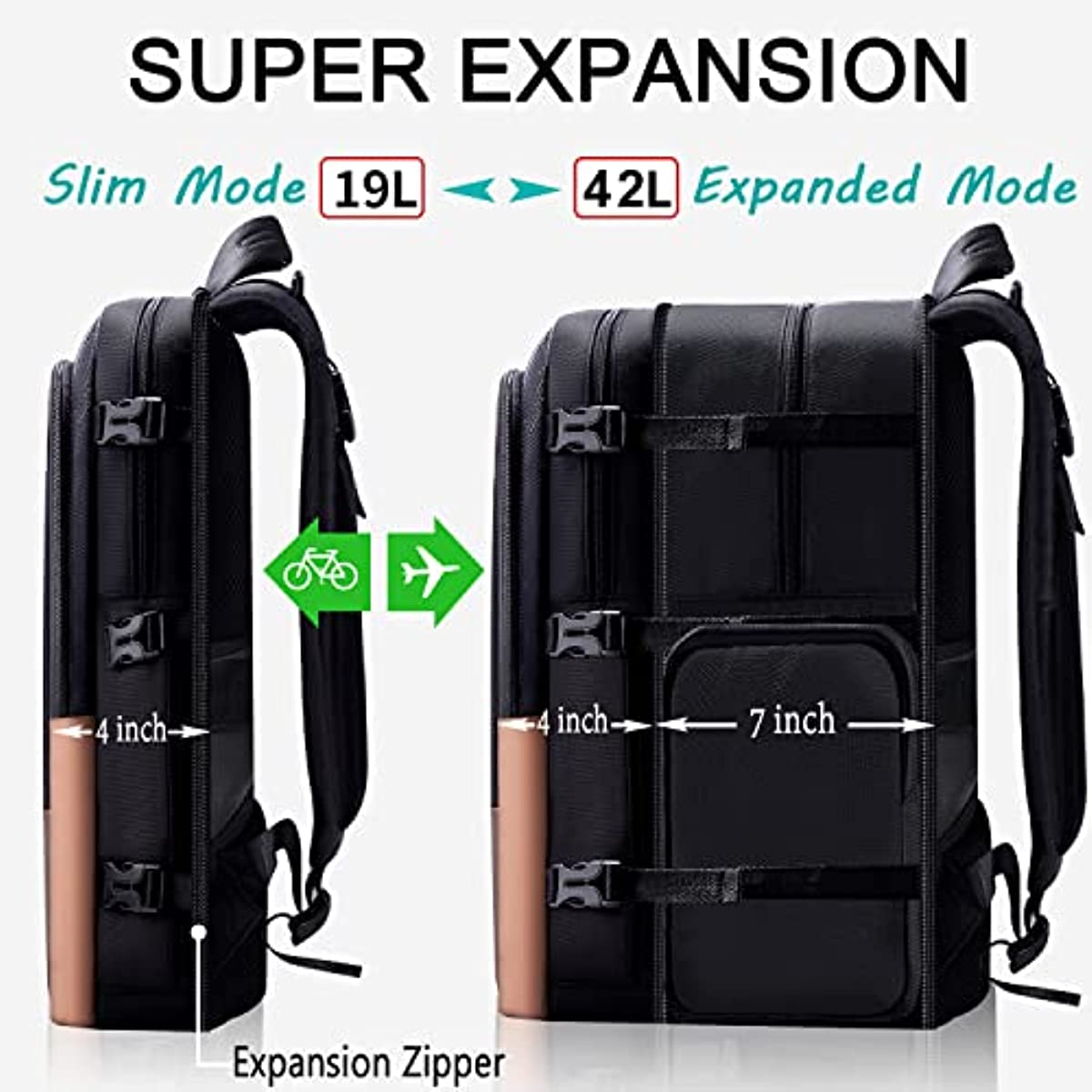 ZINZ Slim Expandable Travel Laptop Backpack 15.6 Inch with Patented Shoulder Pockets and USB, Versatile Anti-Theft Business Backpack Daypack with Ultra Capacity for Work/School/Hiking/Camping,Black