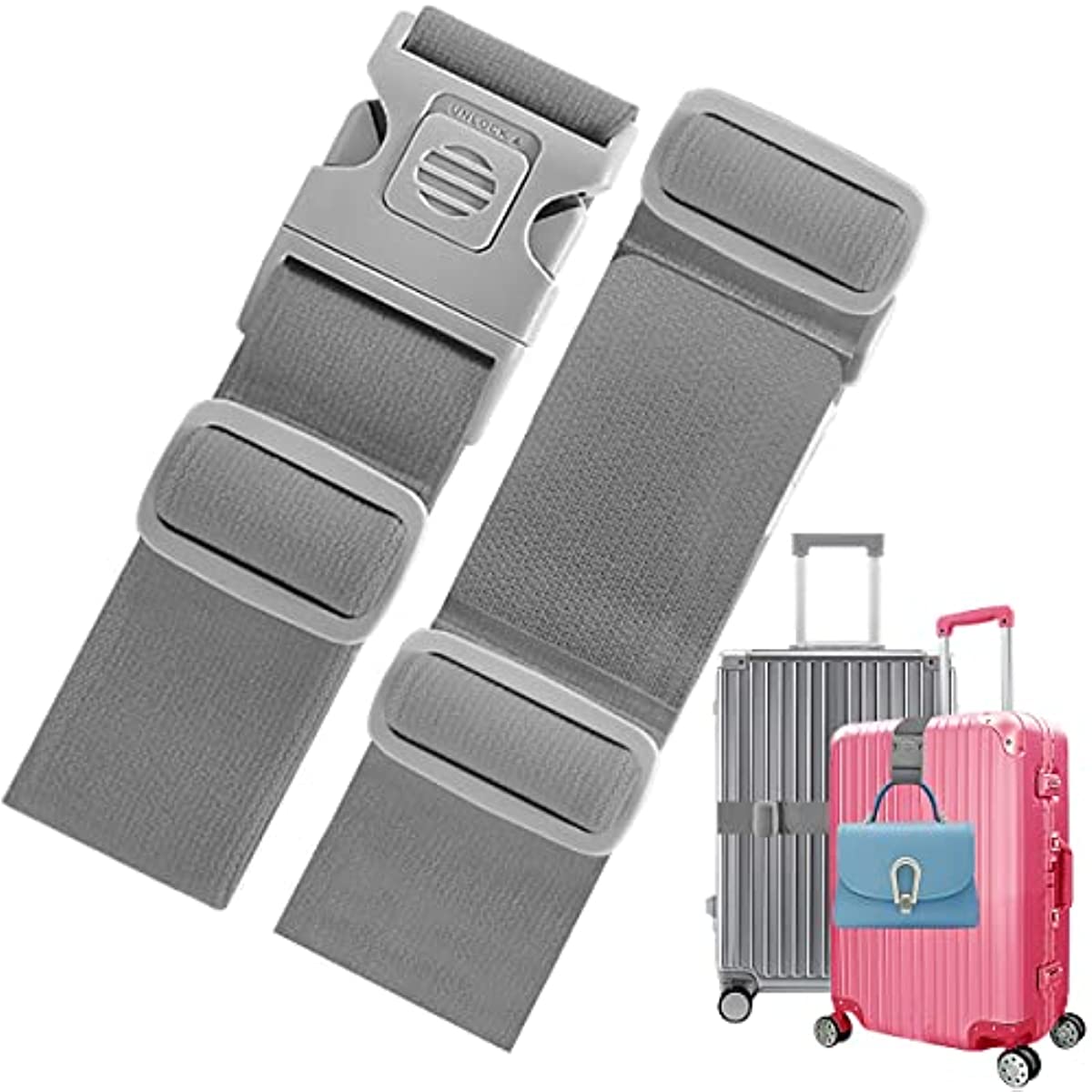 2 PCS High Elastic Luggage Straps with Anti-Pinch Buckles, Heavy Duty Bag Bungees Travel Accessories, One Short and One Long,Gray