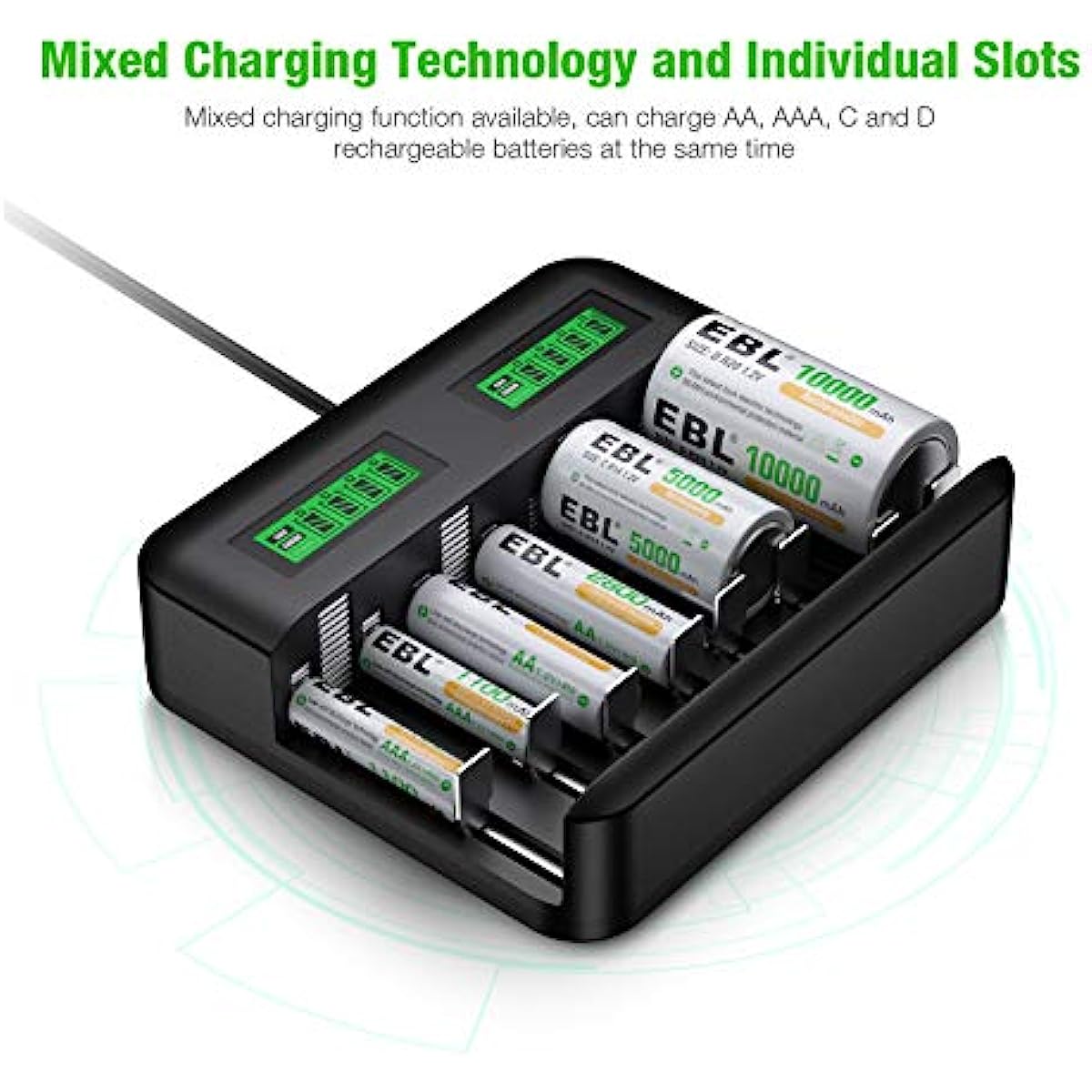 Hseok LCD Universal Battery Charger - 8 Bay AA AAA C D Battery Charger for Rechargeable Batteries Ni-MH AA AAA C D Batteries with 2A USB Port, Type C Input, Fast AA AAA Battery Charger