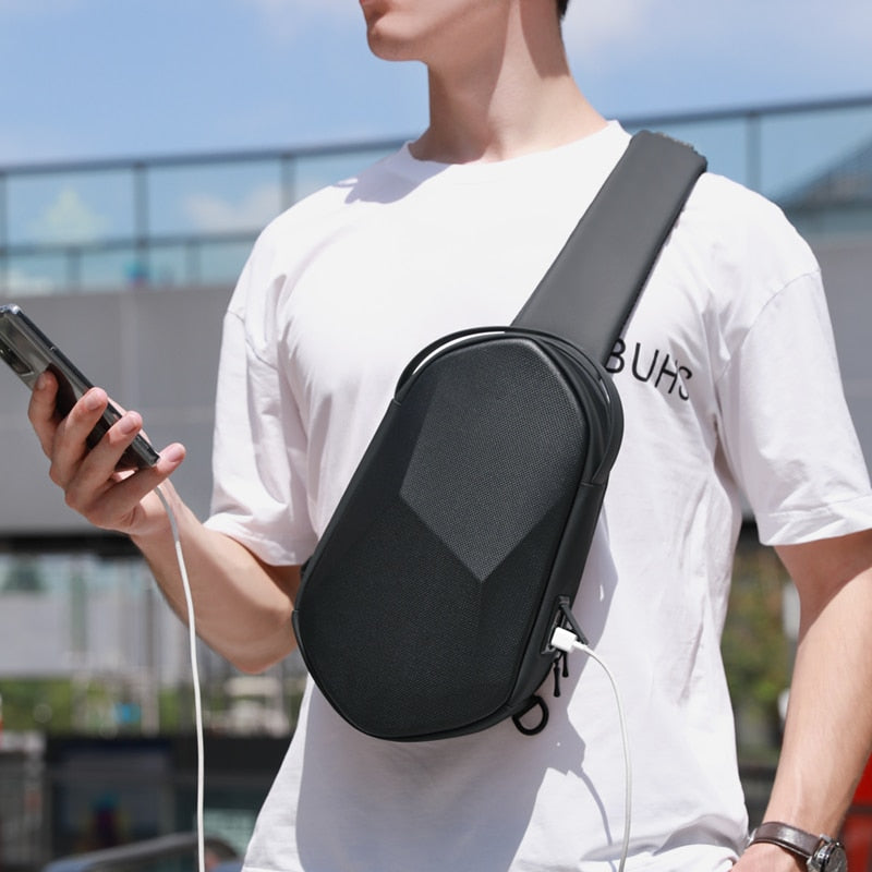 Hard Shell Sling Crossbody Bag Shoulder Bags for Men Black USB Charging Crossbody Bags Water Repellent Casual Travel Messenger Bag
