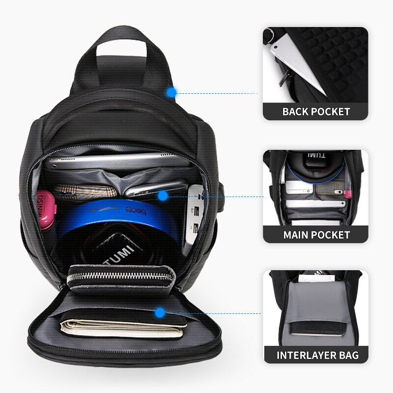 Sling Crossbody Bags Men USB Charging Chest Pack Short Trip Messengers Bag Shoulder Bag