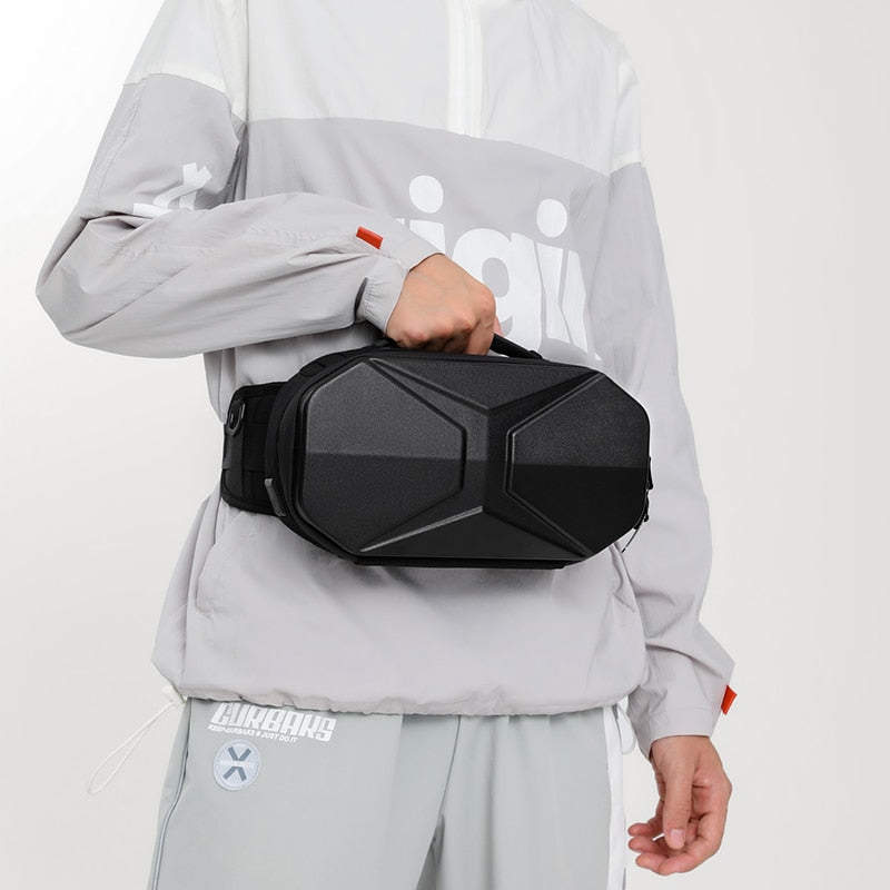 Hard Shell Fanny Pack Stylish for Men Outdoor Sports Waterproof Shoulder Bag USB Charging Port