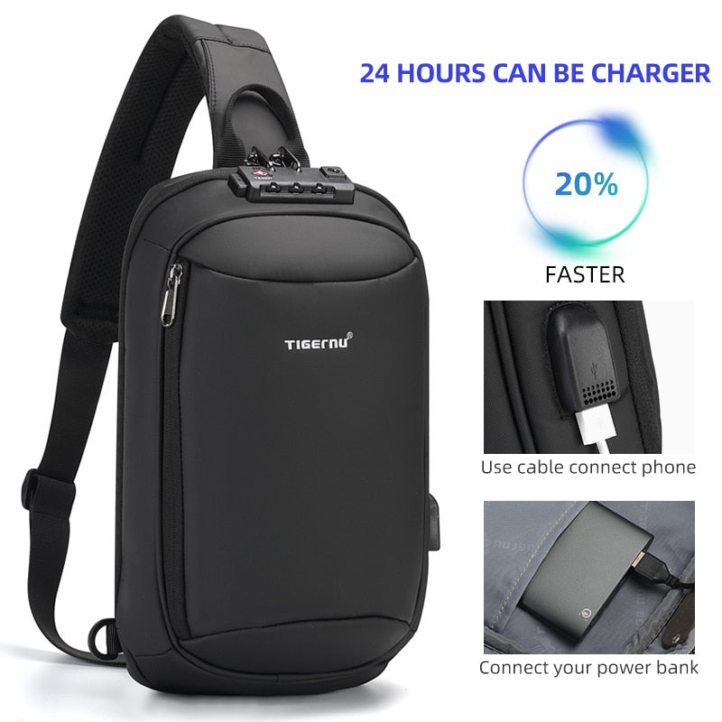 Sling Crossbody Bag Splashproof Anti-theft USB Charging Casual Bag for Men Black