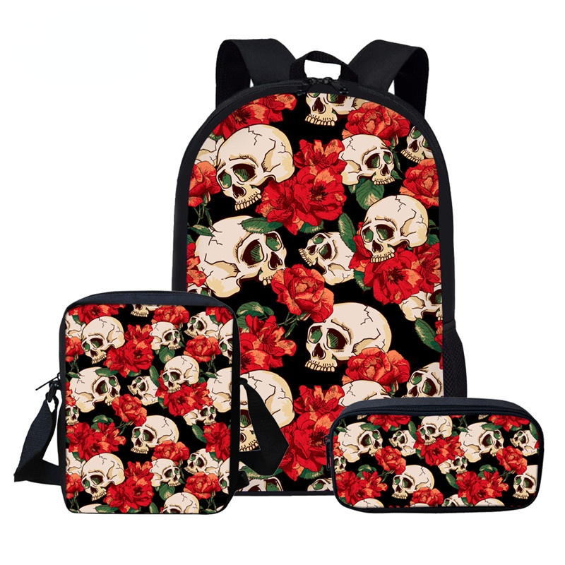 Skull Print Backpack for Girls School Bag Set Student Bookbag Children Satchel Daypack